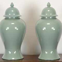 SOLD 8898 Pair of Haeger Celadon Ginger Jars